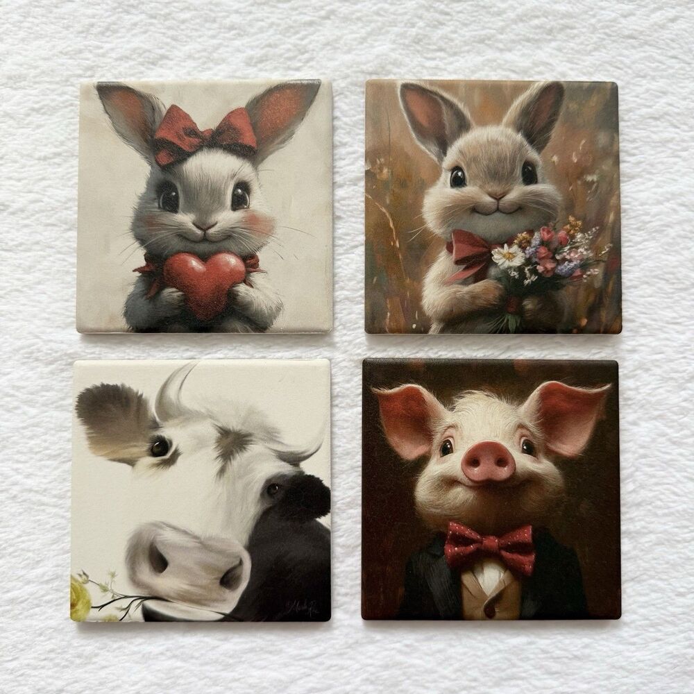 Ceramic Coaster Bunny With Flower Bouquet - Picture 3 of 3
